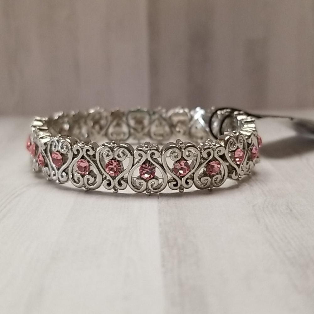Cookie Lee Silver & Pink Heart stretch bracelet NWT - Picture 3 of 8